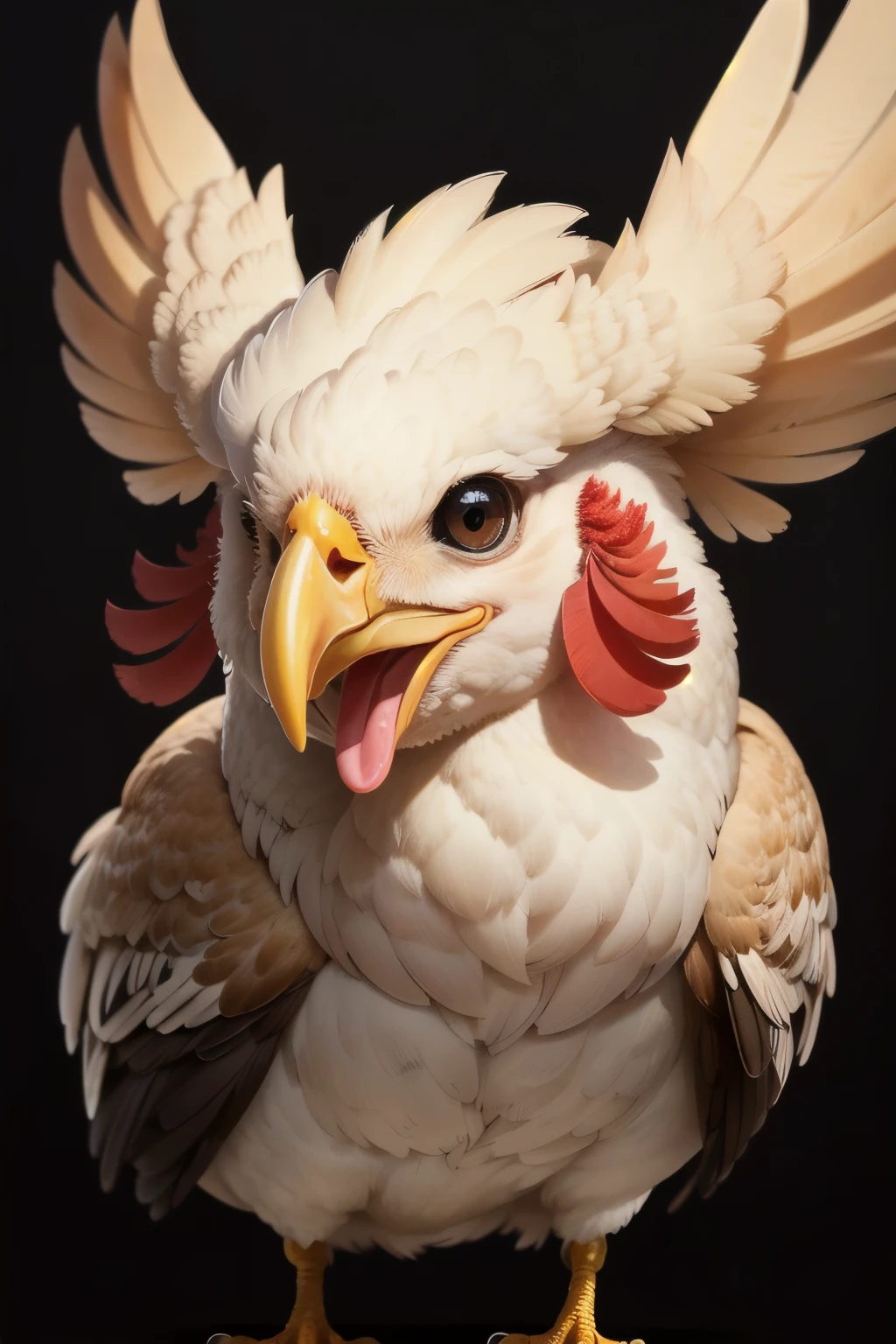((Best Quality)), ((Masterpiece)), (detailed), a chicken with happy eyes and smiling looking to the right with funny eyes, on a black background, hyperrealistic
