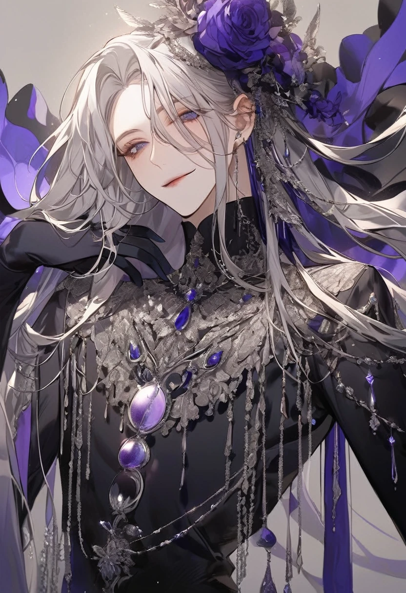 Feminine boy, soft womanish facial features, smile, squinted siren dark blue eyes without glare, silver long loose hair with straight bang, fantasy black clothes with blue and purple elements, long black gloves, model, gorgeous, elegant, lots of silver jewelry, flowers in his hair, skinny body, hourglass figure, light lipstick