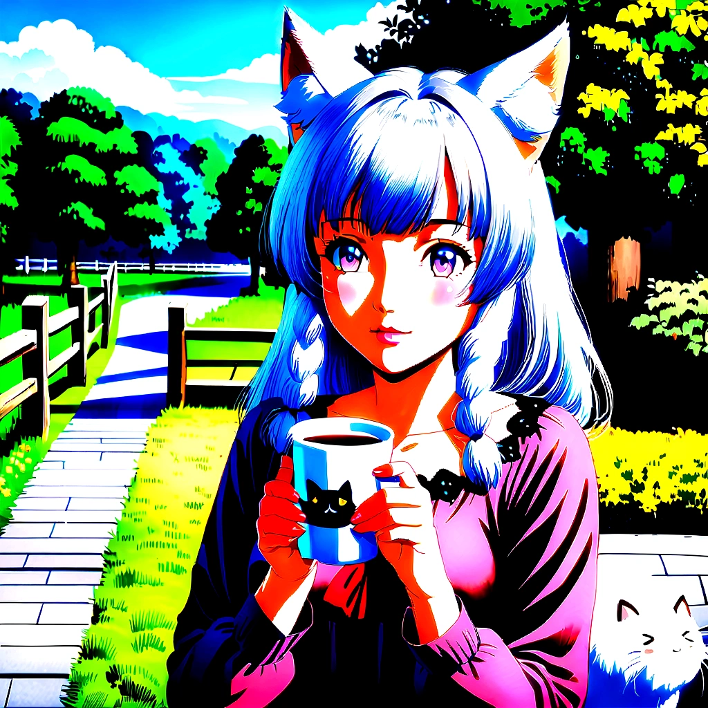 anime girl with white hair holding a cup of coffee, anime girl with cat ears, beautiful anime catgirl, very beautiful anime cat girl, cute anime catgirl, white cat girl, anime catgirl, anime cat, very beautiful cute catgirl, girl with cat ears, anime girl drinks coffee, realistic anime artstyle, attractive cat girl