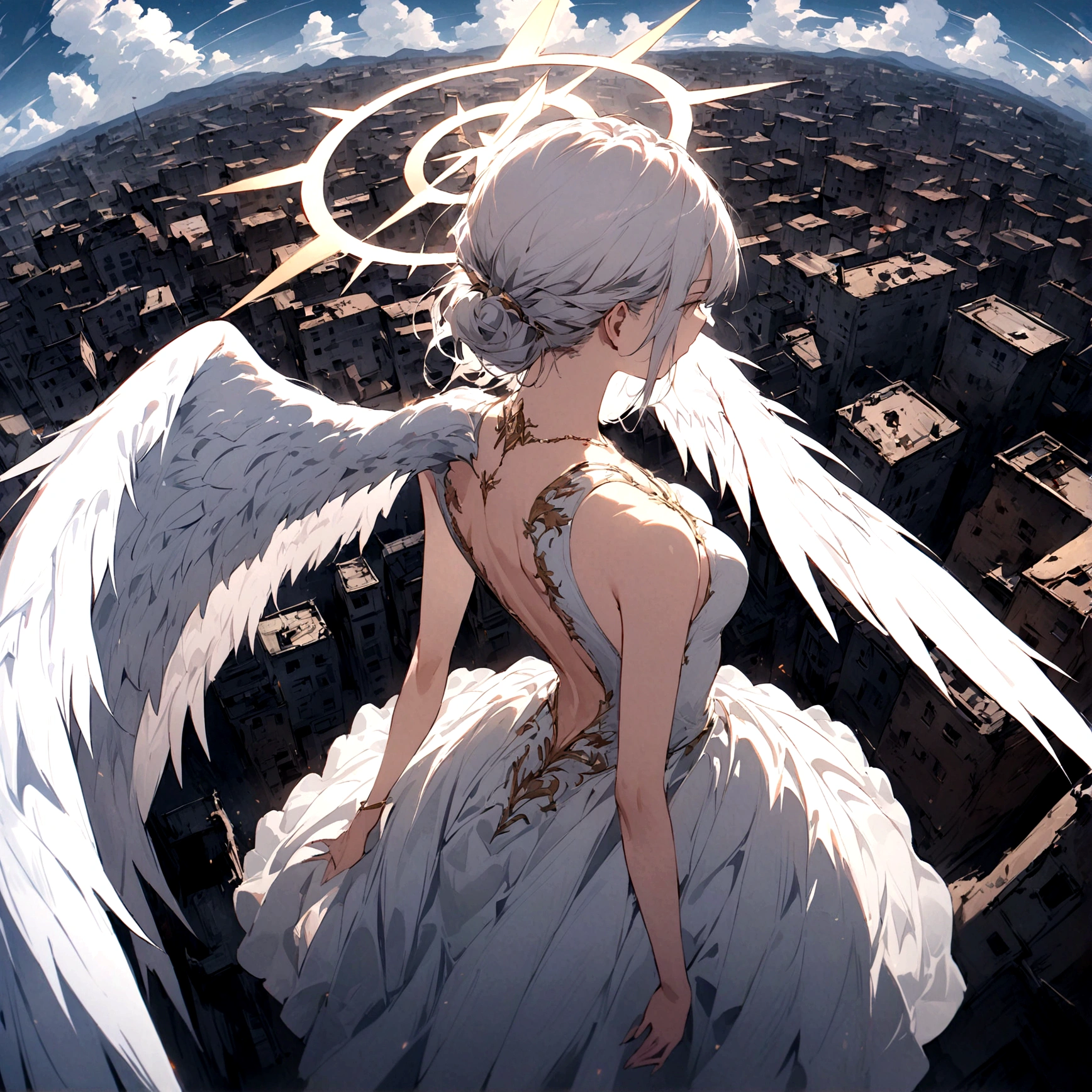 
one (Back view:1.5) A very beautiful female angel\(Long platinum hair, wide back white dress,(From her chest hangs big, beautiful angel wings.),Very beautiful shining halo\), She has her arms wide open as if asking for help., She&#39;s on the clouds、Looking down at the world below, Fierce war\((Lots of sparks and fire), fail, Fighter, Many buildings collapsed, Nature is destroyed, Magnificent and spectacular views\) It&#39;s happening under the clouds, BREoneK ,quality\(8K,Highly detailed CG unit wallpaper, masterpiece,High resolution,top-quality,top-quality real texture skin,surreal,Increase the resolution,RoneW photos,highest quality,Very detailed,wallpaper,Cinema Lighting,Ray-tracing,Golden Ratio\),[Browsing Caution],Dynamic Angle,[Browsing Caution],From above