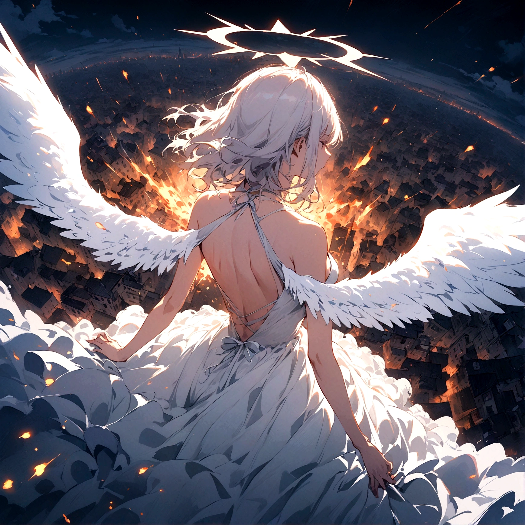 
one (Back view:1.5) A very beautiful female angel\(Long platinum hair, wide back white dress,(From her chest hangs big, beautiful angel wings.),Very beautiful shining halo\), She has her arms wide open as if asking for help., She&#39;s on the clouds、Looking down at the world below, Fierce war\((Lots of sparks and fire), fail, Fighter, Many buildings collapsed, Nature is destroyed, Magnificent and spectacular views\) It&#39;s happening under the clouds, BREoneK ,quality\(8K,Highly detailed CG unit wallpaper, masterpiece,High resolution,top-quality,top-quality real texture skin,surreal,Increase the resolution,RoneW photos,highest quality,Very detailed,wallpaper,Cinema Lighting,Ray-tracing,Golden Ratio\),[Browsing Caution],Dynamic Angle,[Browsing Caution],From above
