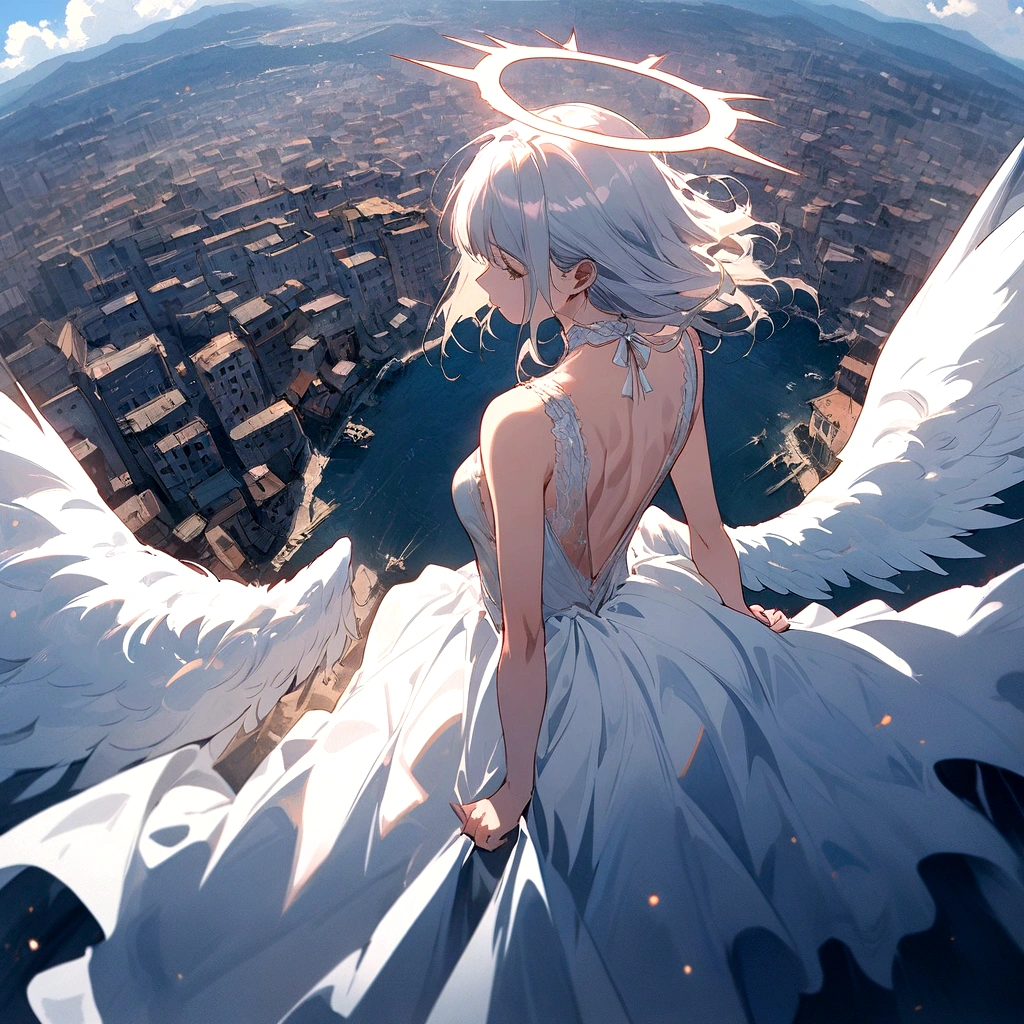 
one (Back view:1.5) A very beautiful female angel\(Long platinum hair, wide back white dress,(From her chest hangs big, beautiful angel wings.),Very beautiful shining halo\), She has her arms wide open as if asking for help., She&#39;s on the clouds、Looking down at the world below, Fierce war\((Lots of sparks and fire), fail, Fighter, Many buildings collapsed, Nature is destroyed, Magnificent and spectacular views\) It&#39;s happening under the clouds, BREoneK ,quality\(8K,Highly detailed CG unit wallpaper, masterpiece,High resolution,top-quality,top-quality real texture skin,surreal,Increase the resolution,RoneW photos,highest quality,Very detailed,wallpaper,Cinema Lighting,Ray-tracing,Golden Ratio\),[Browsing Caution],Dynamic Angle,[Browsing Caution],From above