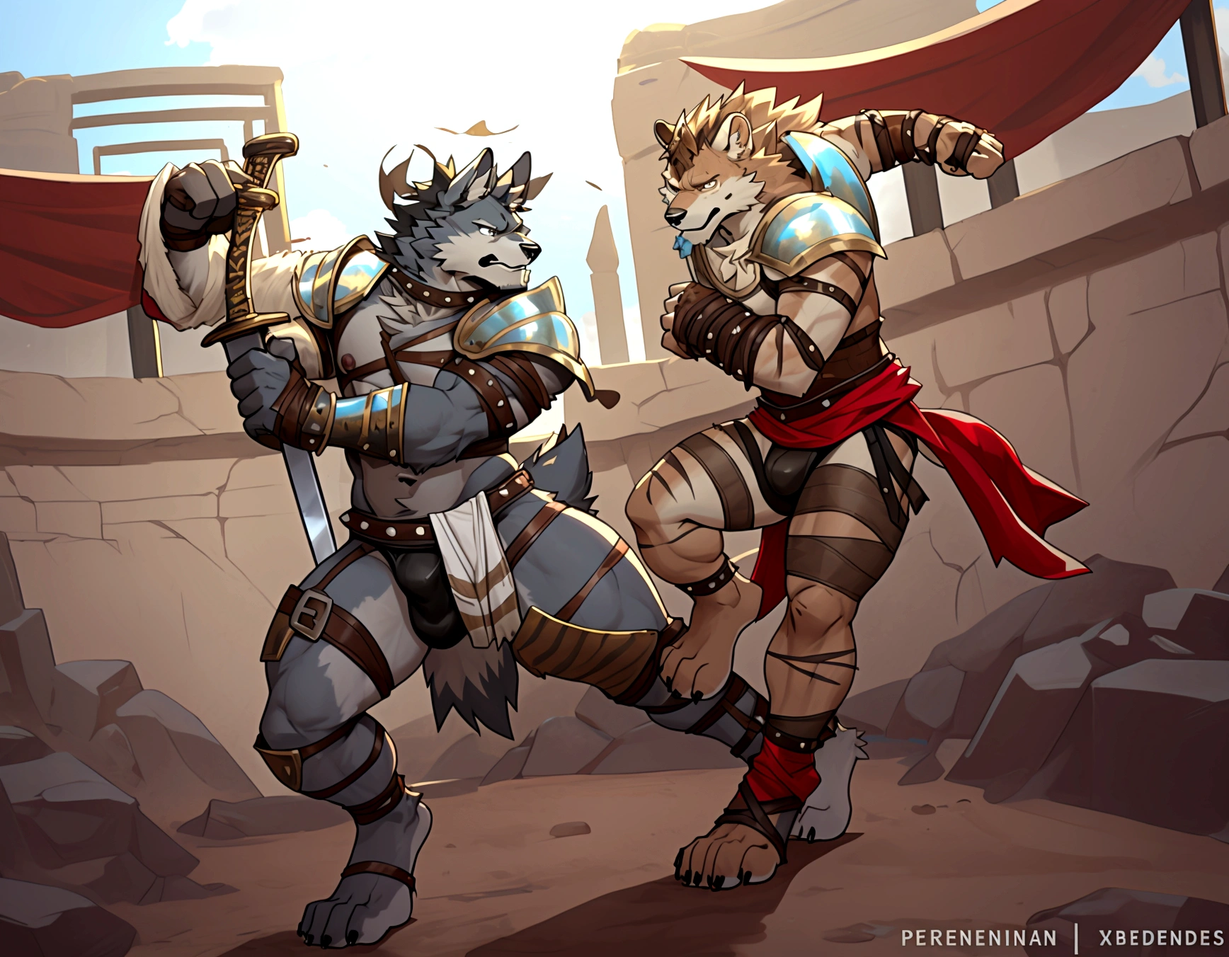 Couple of Sexy young anthro furry wolfes male mercenary gladiators, slim endomorph muscular, handsome gay model male apperance, they are fighting with swords on desert ancient arena, sword duel, angry anger look, rage, sword scars, worn out leather skimpy armament, low on hips heavy leather belt, old very worn out skimpy dirty linen material jockstrap, old yellow dirty worn out stains on white sawn jockstrap, very visible "x" brown seam pattern on the jockstrap, studded skimpy armlets breastplate armor, skimpy breastplate, leather bondages, fingerless leather gloves, smelly unwashed furr, dirty body look