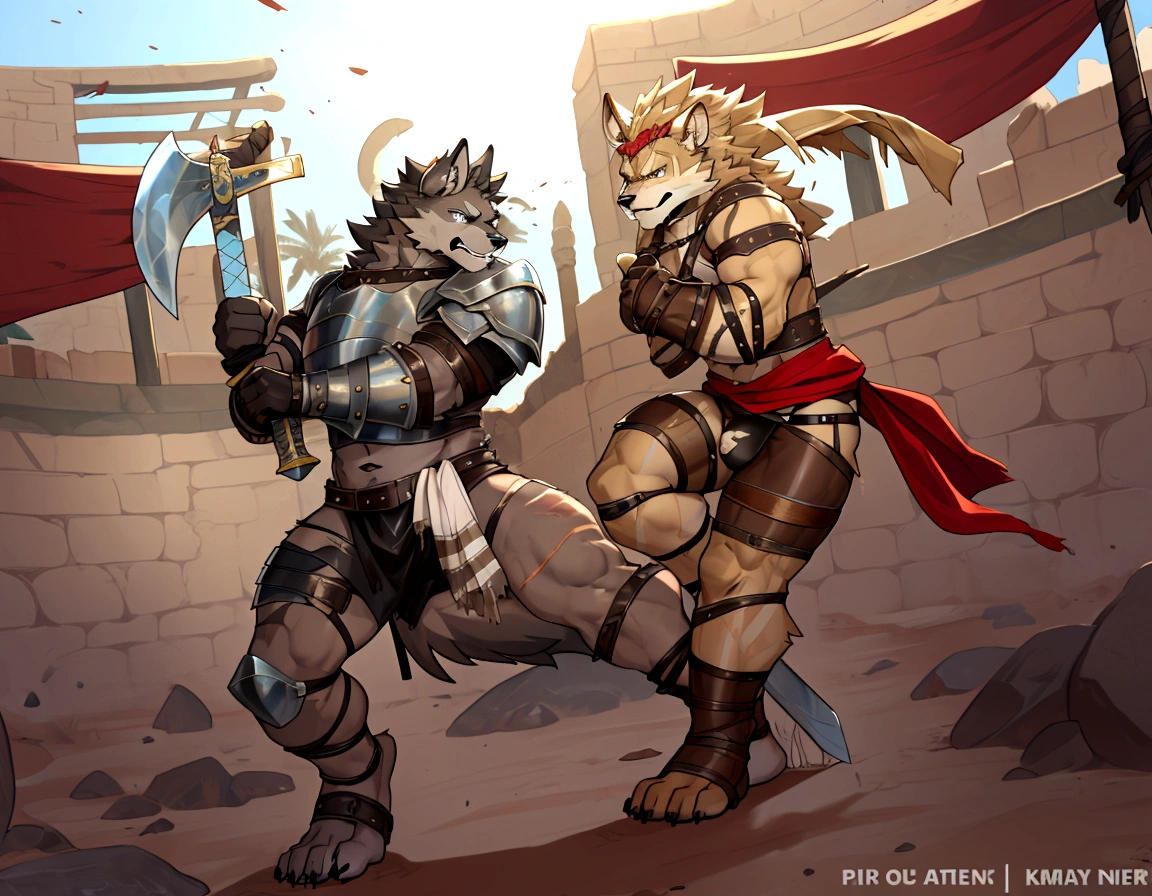 Couple of Sexy young anthro furry wolfes male mercenary gladiators, slim endomorph muscular, handsome gay model male apperance, they are fighting with swords on desert ancient arena, sword duel, angry anger look, rage, sword scars, worn out leather skimpy armament, low on hips heavy leather belt, old very worn out skimpy dirty linen material jockstrap, old yellow dirty worn out stains on white sawn jockstrap, very visible "x" brown seam pattern on the jockstrap, studded skimpy armlets breastplate armor, skimpy breastplate, leather bondages, fingerless leather gloves, smelly unwashed furr, dirty body look
