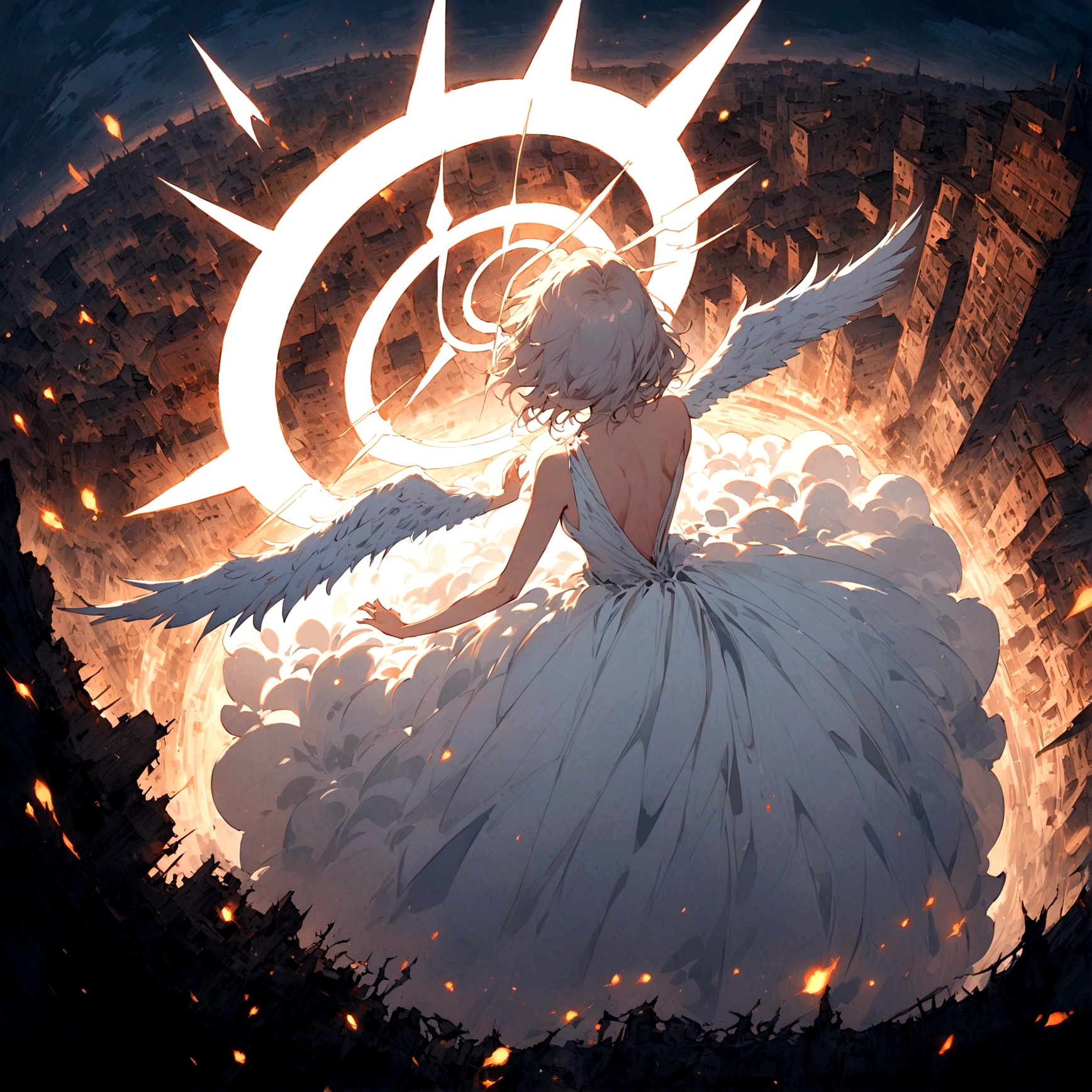 
one (Back view:1.5) A very beautiful female angel\(Long platinum hair, wide back white dress,(From her chest hangs big, beautiful angel wings.),Very beautiful shining halo\), She has her arms wide open as if asking for help., She&#39;s on the clouds、Looking down at the world below, Fierce war\((Lots of sparks and fire), fail, Fighter, Many buildings collapsed, Nature is destroyed, Magnificent and spectacular views\) It&#39;s happening under the clouds, BREoneK ,quality\(8K,Highly detailed CG unit wallpaper, masterpiece,High resolution,top-quality,top-quality real texture skin,surreal,Increase the resolution,RoneW photos,highest quality,Very detailed,wallpaper,Cinema Lighting,Ray-tracing,Golden Ratio\),[Browsing Caution],Dynamic Angle,[Browsing Caution],From above