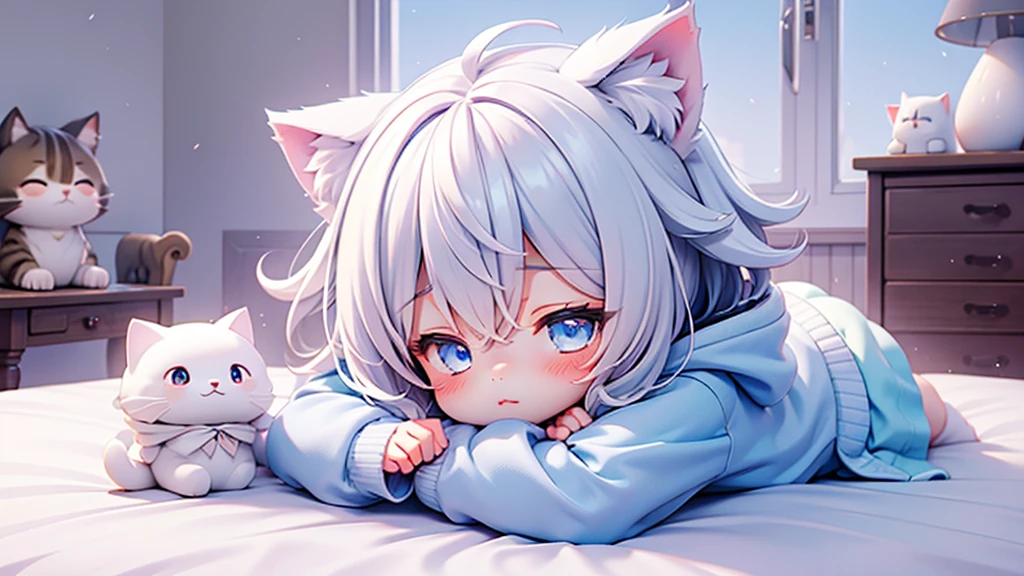 Little beautiful girl，Cat ear，Long white hair，Light blue eyes，cute, young, small limbs, short fingers, Wearing an oversized hoodie，sleeping，Sleepy look，1 person，Open your arms，Bed，chibi，I&#39;m not wearing shoes，Black tights