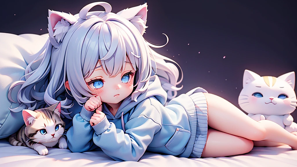 Little beautiful girl，Cat ear，Long white hair，Light blue eyes，cute, young, small limbs, short fingers, Wearing an oversized hoodie，sleeping，Sleepy look，1 person，Open your arms，Bed，chibi，I&#39;m not wearing shoes，Black tights