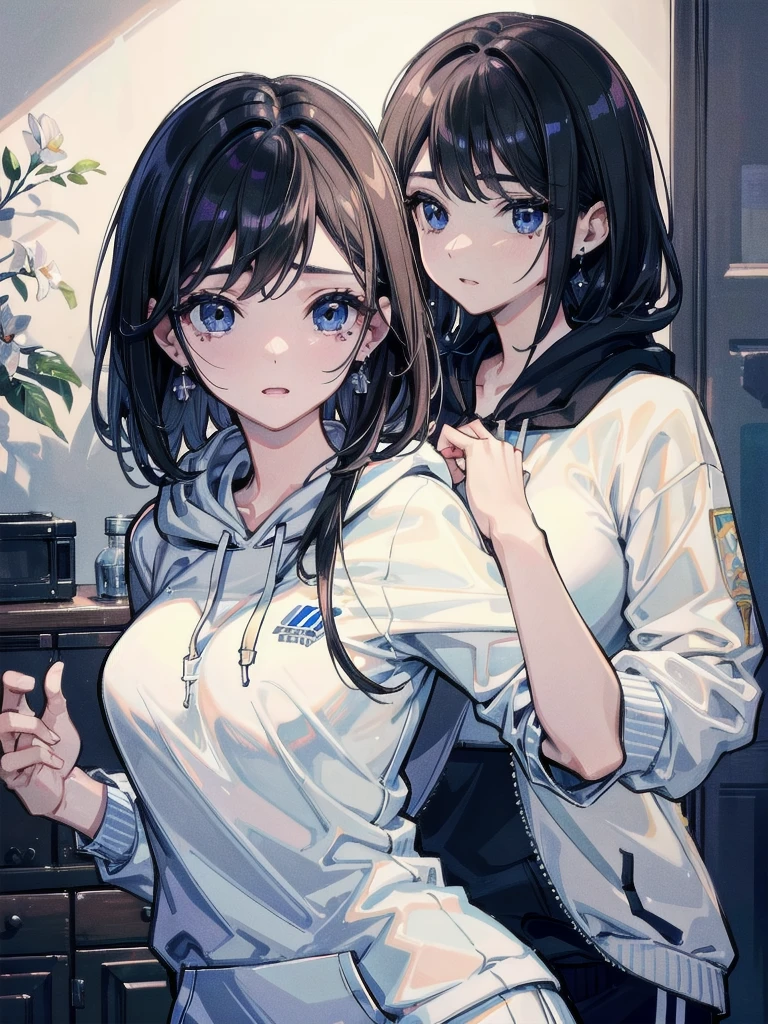 absurdres, RAW photo, extremely delicate and beautiful, masterpiece, Best Quality, ultra high resolution, 32k, hyperrealistic, ultra-detailed, delicate facial features, beautiful detailed woman, tearful mole, earring, medium breasts, full body shot, medium hair, black hair, hoodie, sportswear,