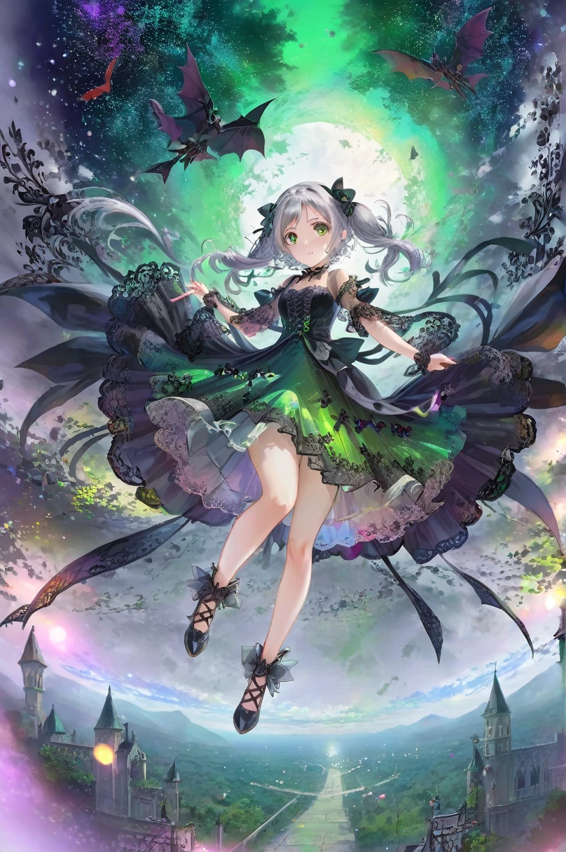 (One Girl),Gothic,Twin tails,Gray Hair, Organza Lace,Gorgeous and elaborate costumes,Gothic, Flight, green, (colorful), bold, Gradient Blend, Motion Blur, Sparkling Texture, moving composition, Atmospheric perspective, Impressionism, , (masterpiece), (Highest quality), wonderful, (Beautiful details), (In detail), Written boundary depth, Extremely detailed CG, original, Highly detailed wallpaper, (Vibrant colors), Cinema Lighting, (colorful), blush, Full body photography, From below:1.3