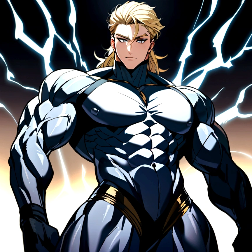 19-year-old boy with a muscular and robust body, grey eyes, clear and smooth skin, short wavy blonde hair, tall, handsomem, handsome, with grey magic grey energy aurond.