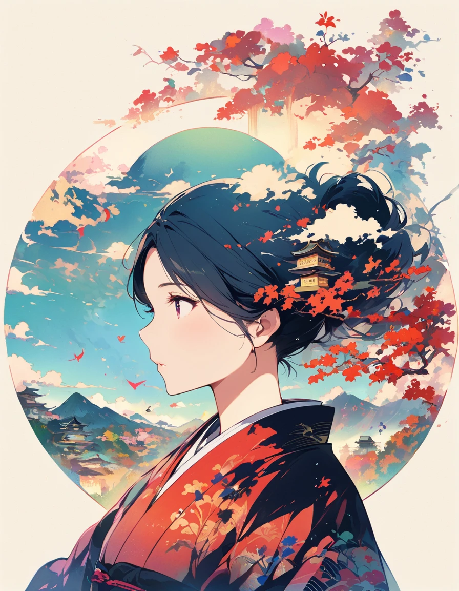 Silhouette of a girl, Lots of old Japanese scenery , Traditional Japan landscape, close, Double exposure, White Background