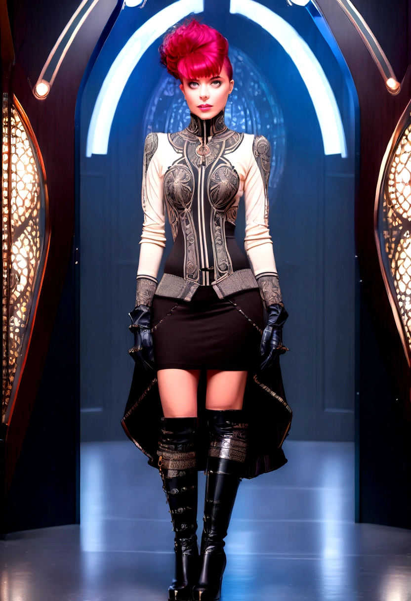 In the style of Tim White, A Masterpiece, Realistic, High Quality, High Resolution (full body length view:1.9) A Sci-fi gothic Image of a young European Female (25-years-old:1.2) inspired by Kiera Knightley; with short straight-cut brown hair; athletic body; Attractive strong, charming face with dark blue-gray eyes, A happy, joyful expressive face, Confident pose, (she is wearing a futuristic version Victorian punk outfit composed of a tight Sweater top, knee length skirt, Long gloves, & knee-length boots with intricate detailed futuristic influences:2.0), Fashioned from fine silk & Cotton fabrics that are intricately designed with a blending of a Victorian past, Gothic present, & futuristic elements of fashion; she is working in a futuristic Gothic Office with bright daylight lighting, with a office window that overlooks a futuristic Gothic City during the golden hour of Sunset