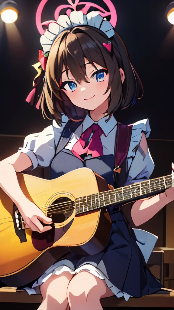 ((masterpiece)), ((best quality)), (ultra-detailed), anime style, Live performance venue, a cute girl, 1girl, solo, playing the guitar00, maid00, ((beautiful eyes))0, smile