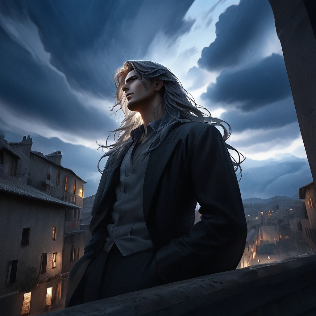 a magnificent man looking up at the sky, long hair, relaxing, extremely detailed, his hair flowing, very realistic, 4k, dramatic lighting, chiaroscuro, oil painting, cinematic, volumetric lighting, dramatic atmosphere, intricate details, photorealistic, hyper detailed, dramatic clouds, moody sky, serene expression, contemplative pose