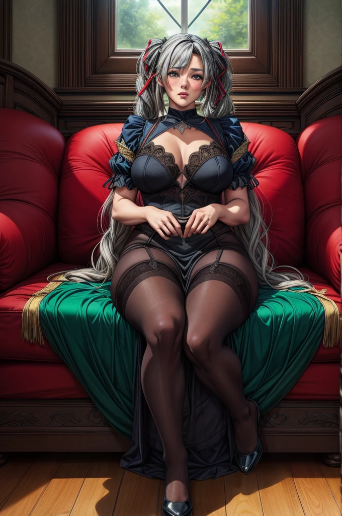 masterpiece, best quality, 4k, detailed, intricate, realistic),atmospheric lighting,mature female,milf,solo,sitting,1girl,black lingerie, grey hair,long loose hair,skindentation,curvy, flirty smile, thick lips, crossed leg sitting, full body shot, black high heels,