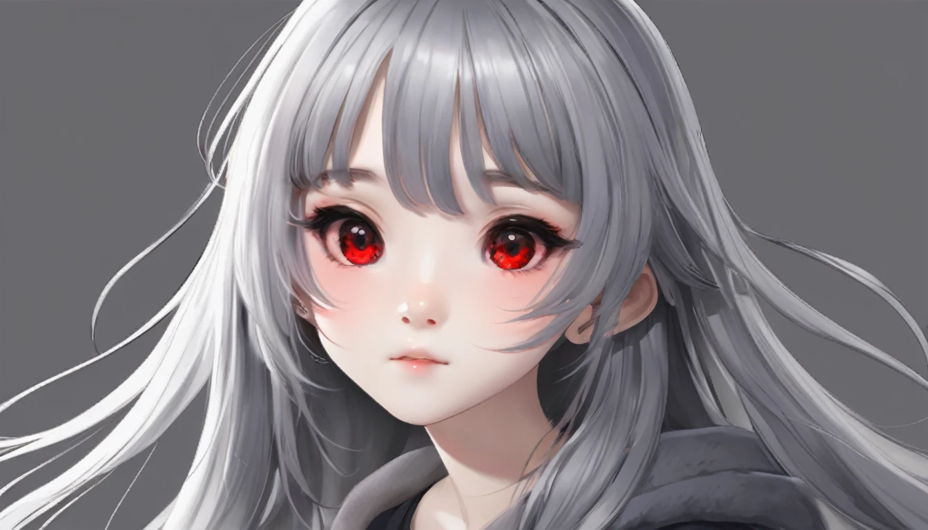 Girl Characters。gray hair color、Glowing red eyes、Long Hair、There is a mole under the left eye。On a transparent background、Depict people only。