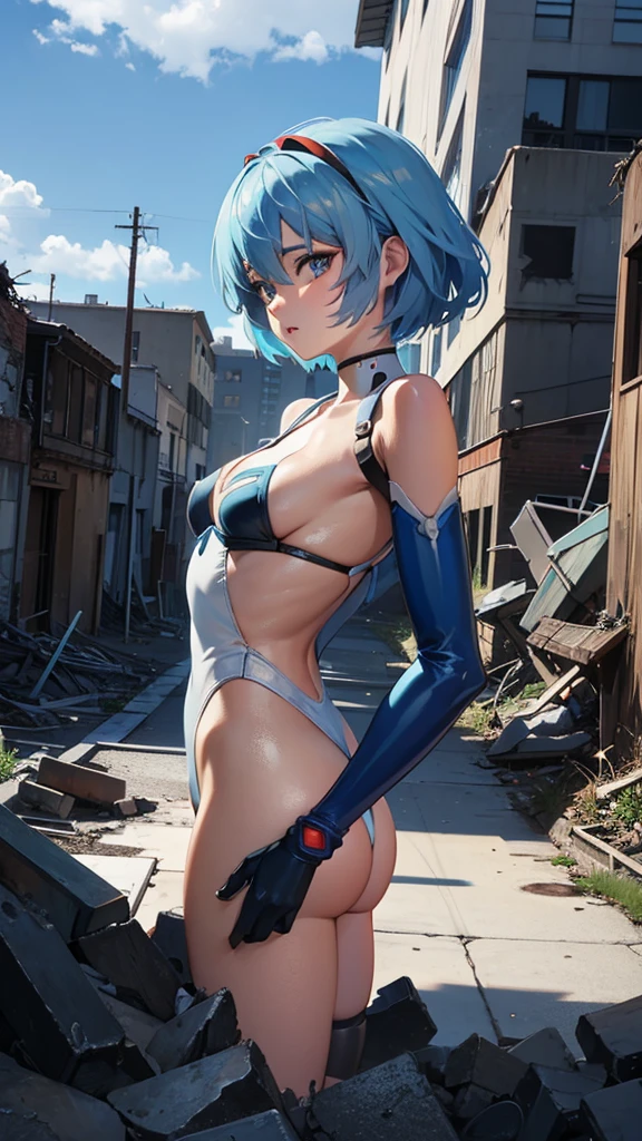 (Rei Ayanami) (blue fur)(iron man) (bottom of a ruined city) (suit destroyed in certain parts of the body)