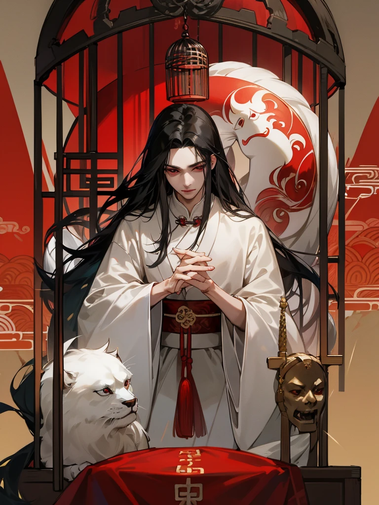 Royal family, young male, beautiful, long black hair, red eyes, White of the eye, fair skin, fancy Chinese clothing, locked in a cage, prisoner.