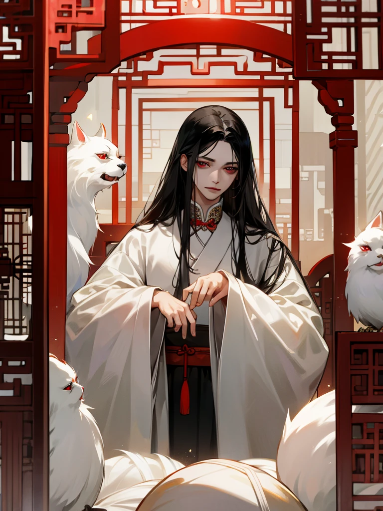 Royal family, young male, beautiful, long black hair, red eyes, White of the eye, fair skin, fancy Chinese clothing, locked in a cage, prisoner.