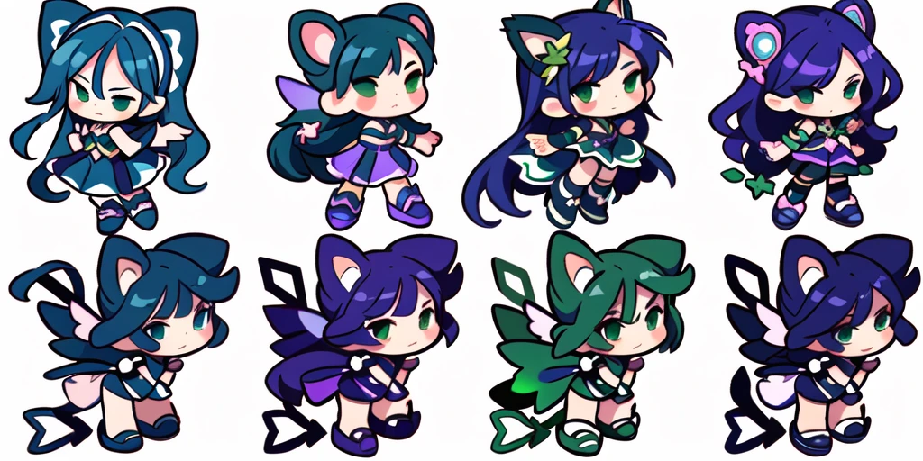 a close up of a cartoon character with different poses, spritesheet, sprite sheet, with familiar sprites, sprites, fairy girl, morgana, default pose neutral expression, twirling, sprite 2 d, shady, green fairy, smol, multiple poses, cute chibi, kawaii