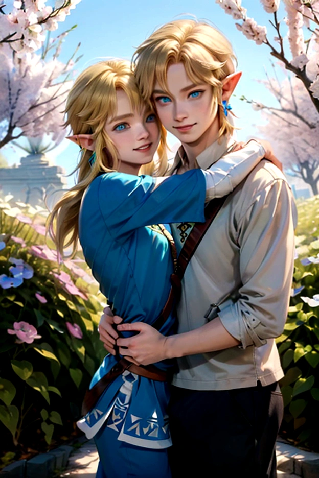 ((artwork)), (Highest quality), (detailed), ((1 boy)), (Link to the Legend of Zelda), smile, Short Blonde,A blue-eyed boy and a long-haired blonde girl are hugging each other, Spring season, Bright colors
