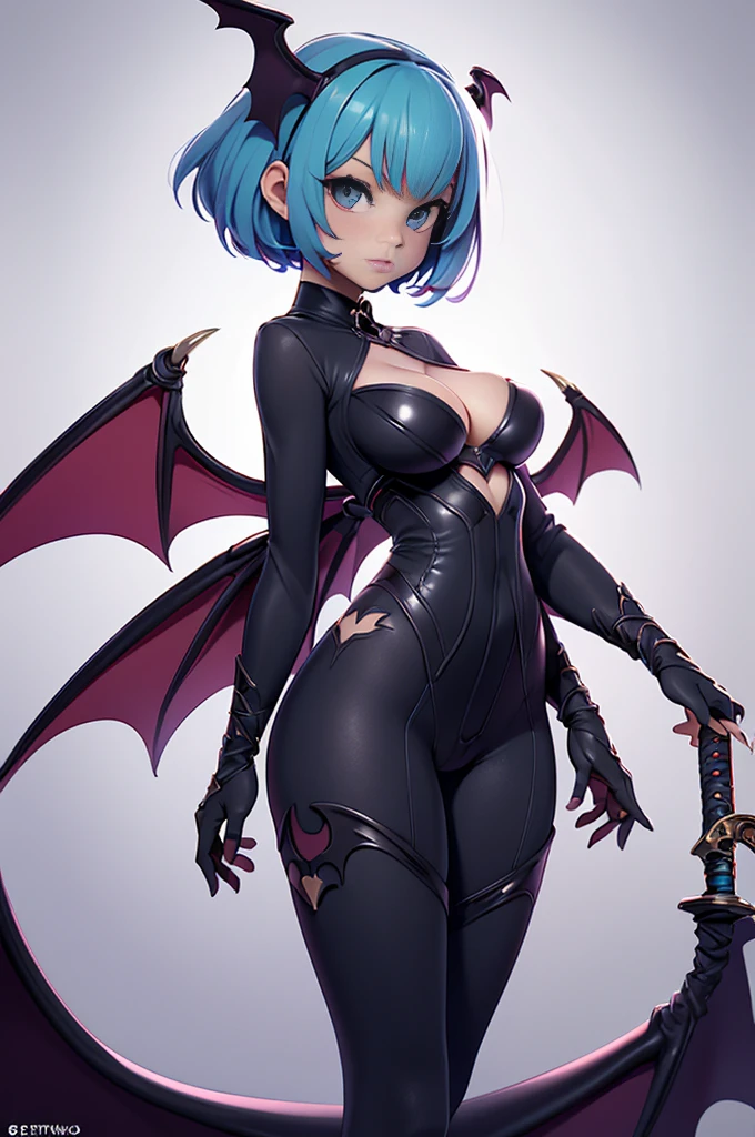 Mini Morrigan Aensland, (Morrigan Aensland), standing alone, ray tracing, 3D style, 3dmm, ((oses per photo)), ((oses au cada foto)), fully body,(from front view),(Costas Issue), (Emist on the left), show flat belly, (((oses per photo))),(very big breastsperfect ass, perfect and symmetrical eyes, (perfect handuturistic sword in hand)), ((short hair)),white clothing with textured edges, skin fair, luauas detalhadas, White thigh-high tights with trim, auestido aberto au "au", Waist slender, big legs, low water, Show legs to the top of the waist, ,((top with rip in the middle)),ultra realistic skin, realistic human eyes,ultra realistic skin,super sexy suit,(faixas au torno dos seios), colorfully,top with ruffles,(pubis with a lot of volume),(extrauamente sensual),(very sensual),(taua vermelho e preto),(((giant bat wings))),with bat wings,I love the league, ((red line outlining the lower part of the breasts)),(((scoop bodysuit starting at the top of the waist))),(((mostrar da cintura para baixa sau nada)),(((high waist bodysuit))),(((Waist slender))),(((little waist))),(((mostrar o fully body))),(((bare hips and legs))),(((Waist slender))),(((vincos bau definidos))),(((little waist)))