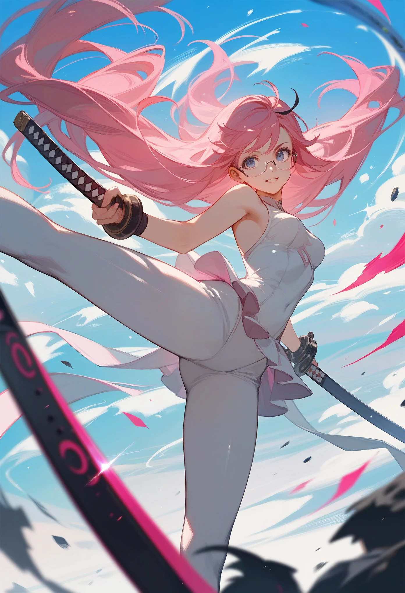 Anime drawing of a woman in a special beige costume with black details and a shiny mysterious symbol in pink black and pink hair long straight hair holding two pink katana swords teacher glasses ballet pose, in a destroyed city classic anime bayoneta