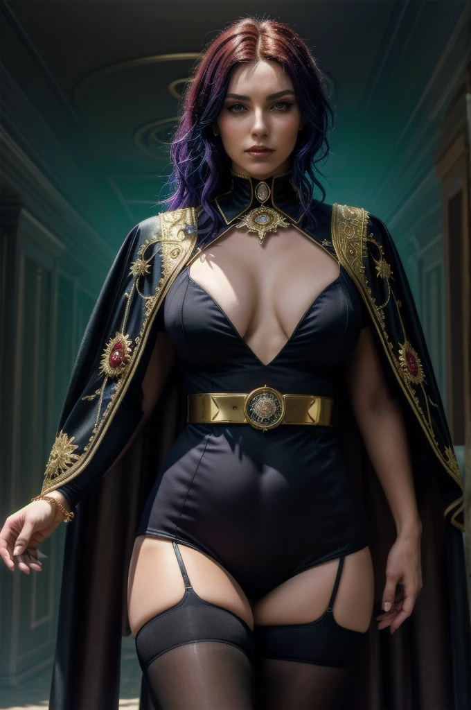1 girl, RVN cowboy photo, Raven_cosplay, Hotraven, Woman, pale skin, collant preto, high collar, pantyhose, cape, glare eyes, gold belt, jewerly, Medallion, athletic, spectator looking, natta, black forest, mist, FOG, volumetric lighting, best qualityer, work of art, details Intricate, tone mapping, sharp focus, hyper detailled, na moda no Artstation, realisitic, in a seductive pose to please the viewer