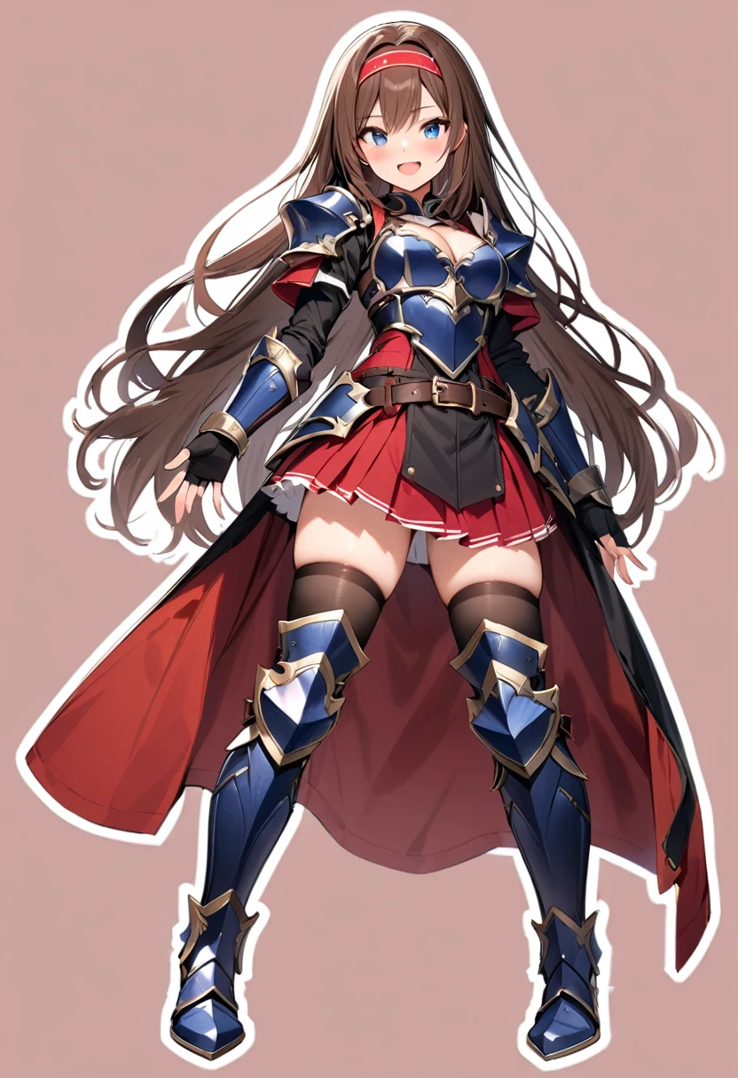 masterpiece, best quality, 1girl, solo, armor, thighhighs, skirt, brown-hair, blue-eyes, breasts, open-mouth, cleavage, smile, black-thighhighs, full-body, hairband, boots, medium-breasts, armored-boots, gloves, fingerless-gloves, pleated-skirt, greaves, shoulder-armor, belt, looking-at-viewer, pauldrons, simple-background, zettai-ryouiki, very-long-hair, gauntlets, breastplate, red-hairband, black-gloves, outline, standing, blush, armored-dress

