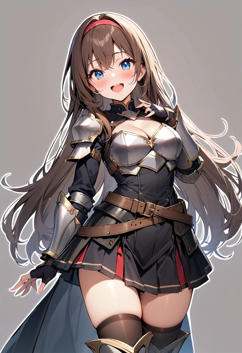 masterpiece, best quality, 1girl, solo, armor, thighhighs, skirt, brown-hair, blue-eyes, breasts, open-mouth, cleavage, smile, black-thighhighs, full-body, hairband, boots, medium-breasts, armored-boots, gloves, fingerless-gloves, pleated-skirt, greaves, shoulder-armor, belt, looking-at-viewer, pauldrons, simple-background, zettai-ryouiki, very-long-hair, gauntlets, breastplate, red-hairband, black-gloves, outline, standing, blush, armored-dress