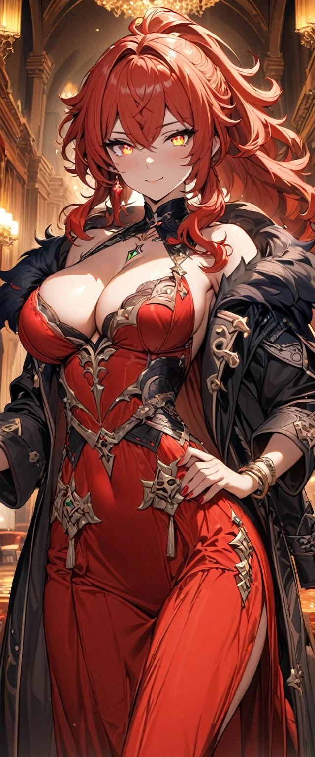 (masterpiece), (highest quality), (illustration), (super detailed), (high resolution), absurdity,1girl,diluc,genshin impact,red hair,wavy ponytail,cleavage,big breasts,((red dress:1.3)),(black stockings),(black fur coat:1.4),(thigh gap 1.5),bracelet,smiles,luxury dining hall,royal ballroom background,studio lighting,standing,cowboy shot,looking at viewer, eyeshadows, eye liner,glistening eyes, hyper detailed eyes, intricate eyes, beautiful eye,((glowing red eyes))、smilling face,standing,seductive pose,bangles,earrings