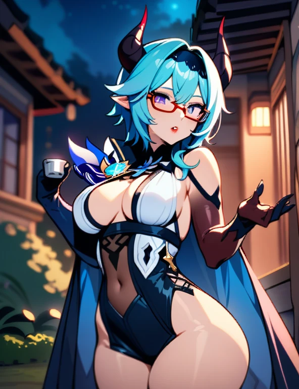 (masterpiece), best quality, expressive eyes, hybrid succubus girl face, long cyan and blue hair that reaches to the waist, small demon horns, red lipstick on lips, purple eyes, glasses, dressed as eula from Genshin Impact, perfect breasts, perfect thick thighs, big and perfect butt, at home, garden at night, at night, taking a photo, nfsw