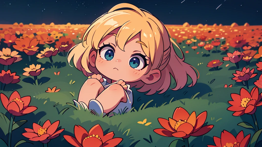 Illustration of naked anime women with blonde hair sleeping in an endless flower fields at night, exposed private parts, limp, protruding buttocks