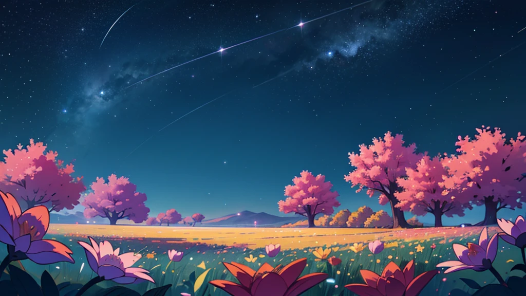 4k ultra HD night sky beautiful perfect stars, empty field of flowers, perfect lighting night