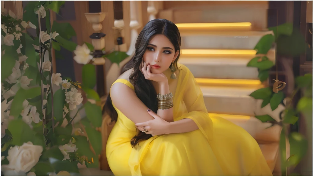araffe woman in a yellow dress sitting on a set of stairs, with yellow cloths, beautiful yellow woman, traditional beauty, actress, lady using yellow dress, shades of yellow, stunning elegant pose, stylish pose, high res, yellow clothes, yellow colours, yellow hue, portrait shot, yellow, on a yellow canva, (((yellow))), attractive pose