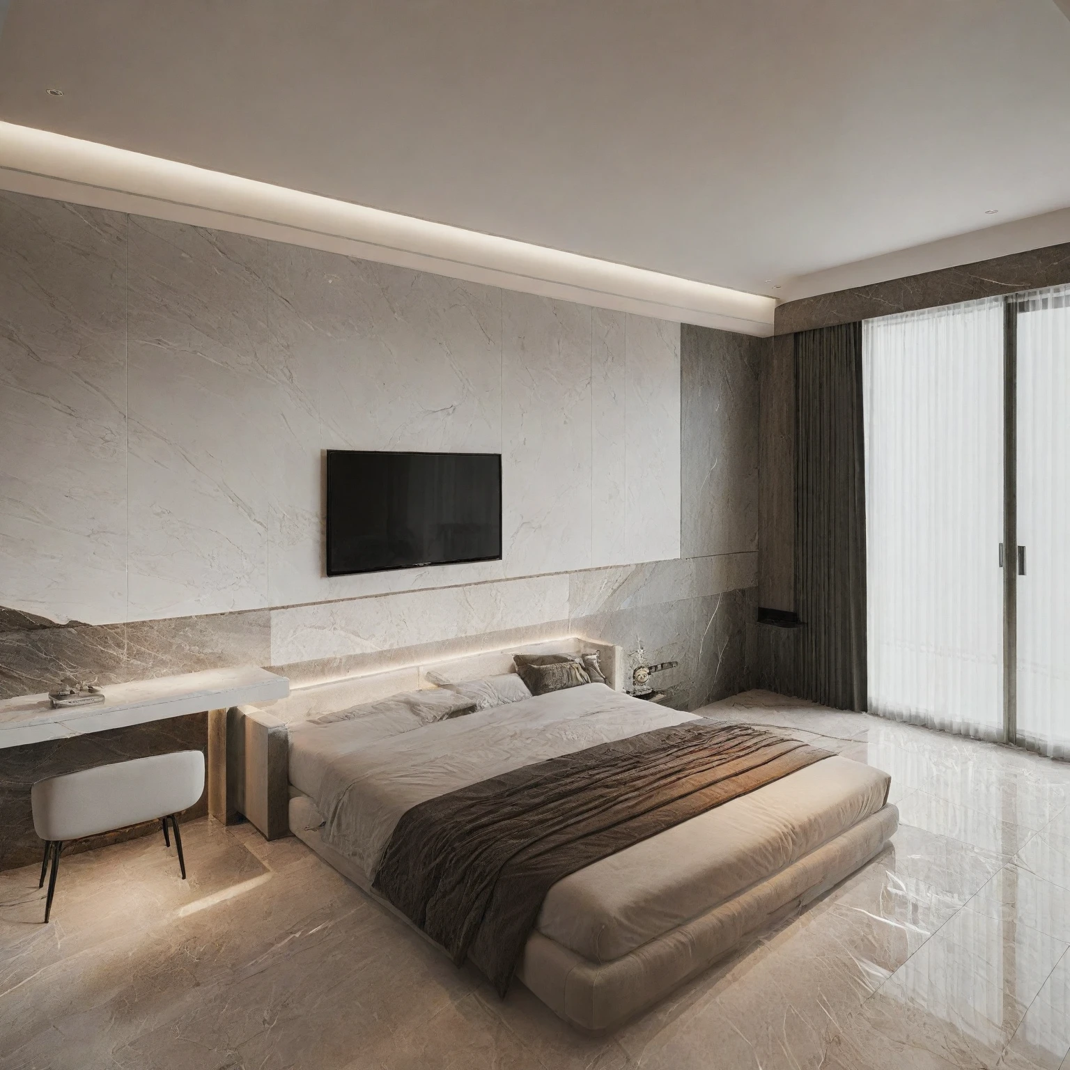 Raw photo,Masterpiece, high quality, best quality, authentic, super detail,
indoors, interior , (( BEDROOM :1.3)), modern style, daylight, (WHITE WALL),luxury, marble tile floor,