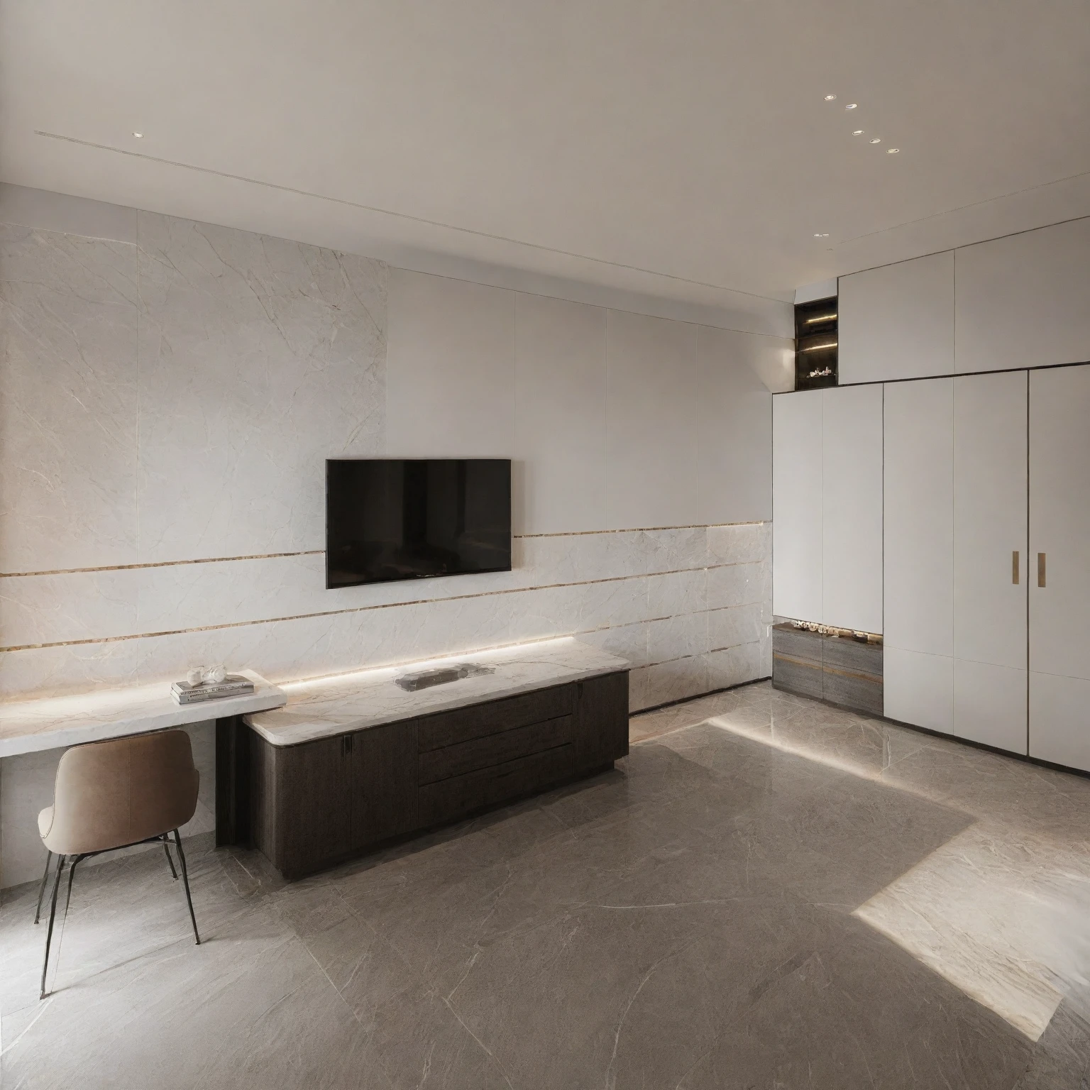 Raw photo,Masterpiece, high quality, best quality, authentic, super detail,
indoors, interior , (( BEDROOM :1.3)), modern style, daylight, (WHITE WALL),luxury, marble tile floor,