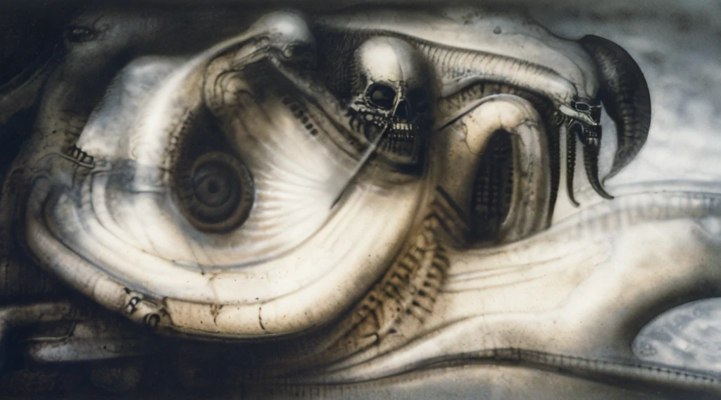 The image is a detailed view of H.R. Giger's biomechanical tableau \" Landscape XVI \" plate, featuring.
(airbrush painting, Giger's alien in front of broken alien ship in landscape, natural light, sharp focus, illustration, highly detailed, digital painting, concept art, matte, art by gric and kozhanov and moebius and Alphonse Mucha, masterpiece, HDR ,UHD , uplight, in HRGigerArhP style);1.
surrealistic painting of a monster with multiple tentacles and a body that looks like a brain, surrounded by a chaotic scene of swirling clouds and other monsters
It's a complex network of bones and organs in eldritch color scheme:a greenish-brown hue ,swirling gery and brown colors. The artwork is silverish and green brown, with an ivory bones prominently displayed. The image is highly detailed and intricate, almost like a 3d version of a medical sketchwork.
The piece is a tableau, most likely created with a India ink pen or pencil on paper, determined by the thin lines, shading techniques, and the texture of the paper, which is visible around the edges.
Used is pen, given the shading and variations in line weight visible in the image. Artist have used a variety of stylus with different degrees of hardness to achieve the shading effects.
The use of undersaturated green-grays dark contrasts creates a stark and graphic look. Is used a variety of linework techniques to create different textures. Fine, parallel lines create a smooth, metallic texture,while thicker, more cursive lines suggest cables or wires.
Light source from the top highlights skeletals, pper part of foreground, lower part of image is in shadowupper part of foreground, lower part of image is in shadow.
The art performance showcases the artist’s skills in observation and rendering. The level of detail in the piece suggests a close study of real bone specimens and mechanics. The artist has skillfully used shading techniques to create a convincing illusion of three-dimensionality on a flat surface. The wrinkles