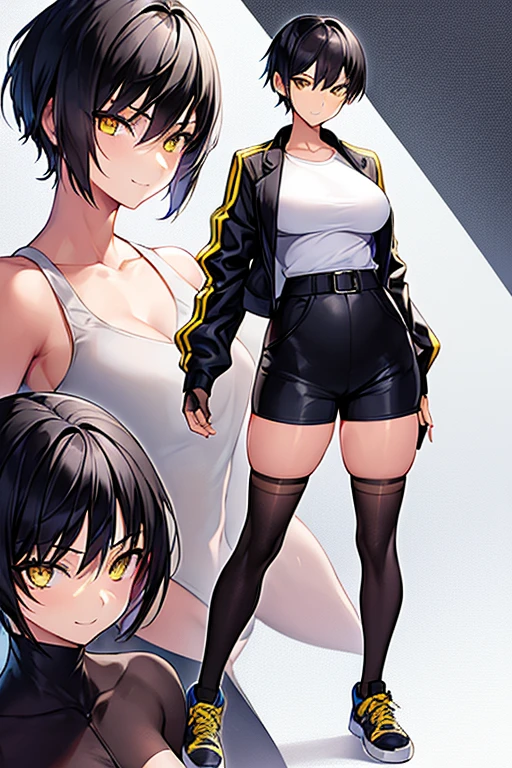 1girl, spiked hair, very short hair, yellow eyes, tan, tan skin, tan-skinned female, black hair, pixie cut, large breasts, hourglass figure, smile, smirk, smug, toned, white shirt, jacket, sneakers, black jacket, shirt, short pants, shorts, standing, full body, thighhighs, black thighhighs, fingerless gloves, ((full body))