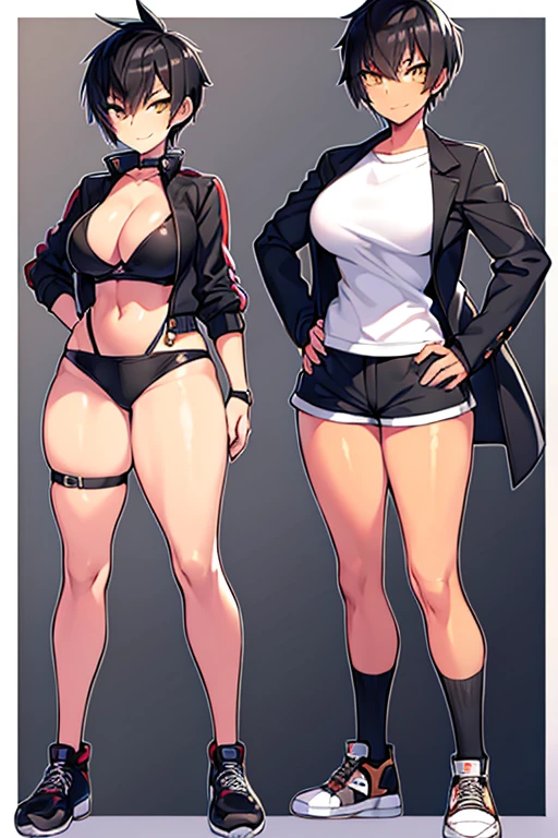 1girl, spiked hair, very short hair, yellow eyes, tan, tan skin, tan-skinned female, black hair, pixie cut, large breasts, hourglass figure, smile, smirk, smug, toned, white shirt, jacket, sneakers, black jacket, shirt, short pants, shorts, standing, full body, thighhighs, black thighhighs, fingerless gloves, ((full body))