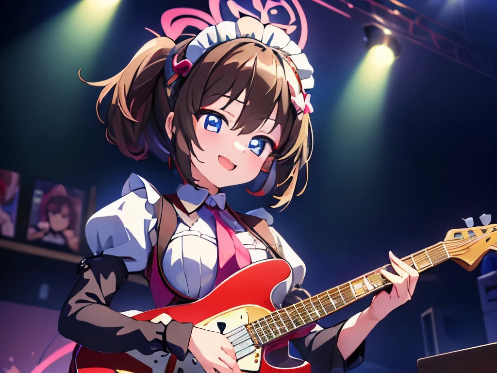 ((masterpiece)), ((best quality)), (ultra-detailed), anime style, Live performance venue, a cute girl, 1girl, solo, playing the guitar00, maid00, ((beautiful eyes))0, smile