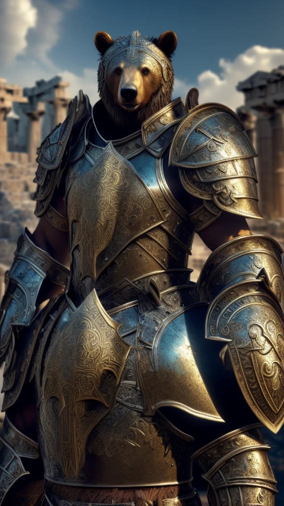 saint_cloth, masterpiece by Divine_armor, best quality, (highly detailed raw photo: 1.2), 8k octane render, volumetric lighting, volumetric shadows a portrait of a bear, (armor reflections:1.2 ), smiling, wings ((realistic and highly detailed background of the ruins of Greece)) facing forward and looking at the camera