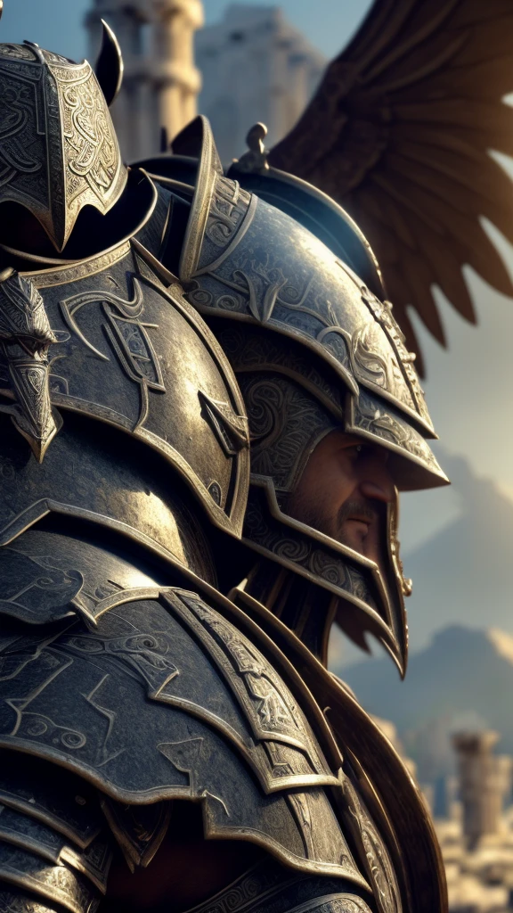 saint_cloth, masterpiece by Divine_armor, best quality, (highly detailed raw photo: 1.2), 8k octane render, volumetric lighting, volumetric shadows a portrait of a bear, (armor reflections:1.2 ), smiling, wings ((realistic and highly detailed background of the ruins of Greece)) facing forward and looking at the camera