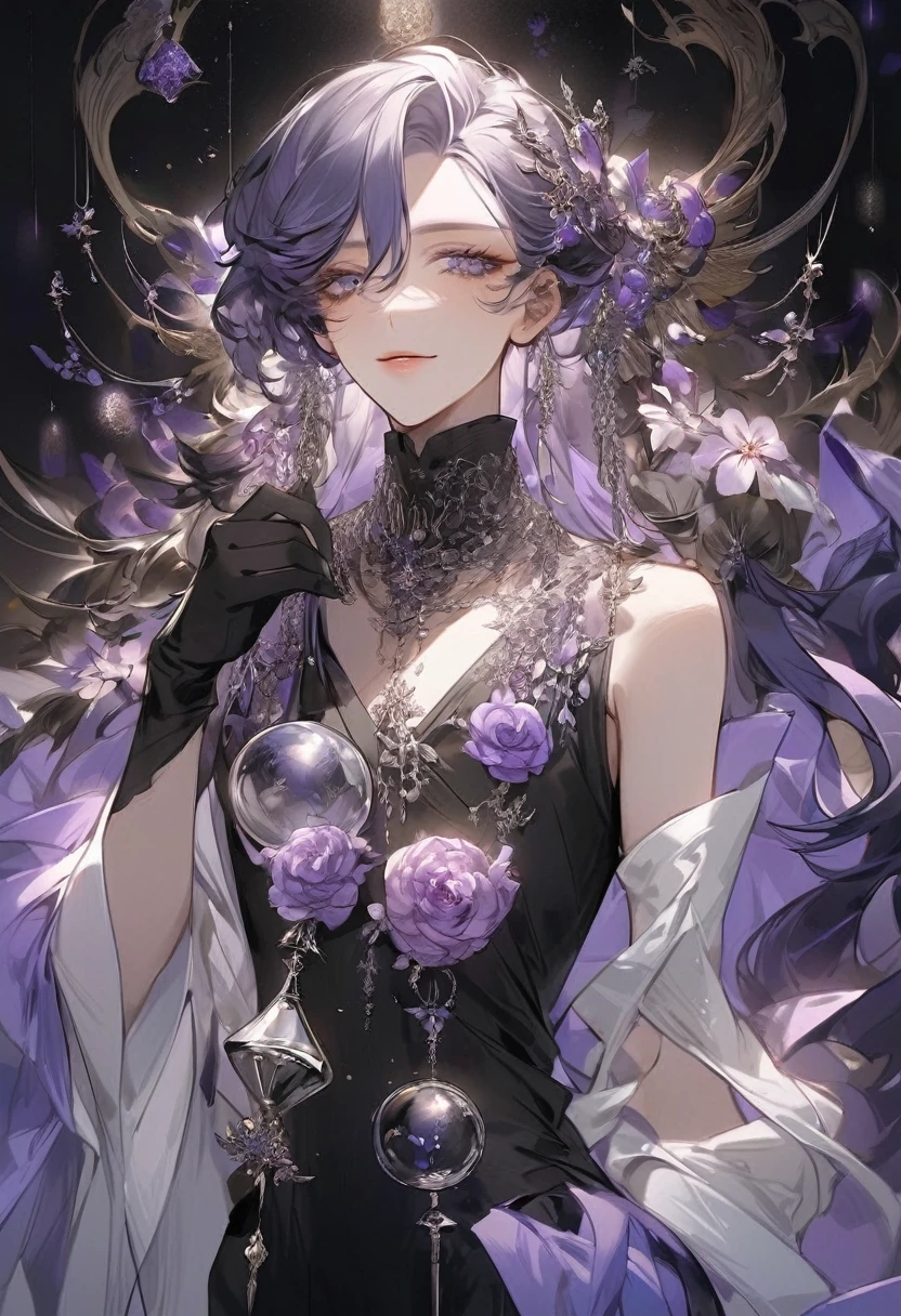 Feminine boy, soft womanish facial features, smile, squinted siren dark blue eyes without glare, silver and dark purple long loose hair with straight bang, fantasy black clothes with blue and purple elements, long black gloves, model, gorgeous, elegant, lots of silver jewelry, flowers in his hair, skinny body, hourglass figure, light lipstick