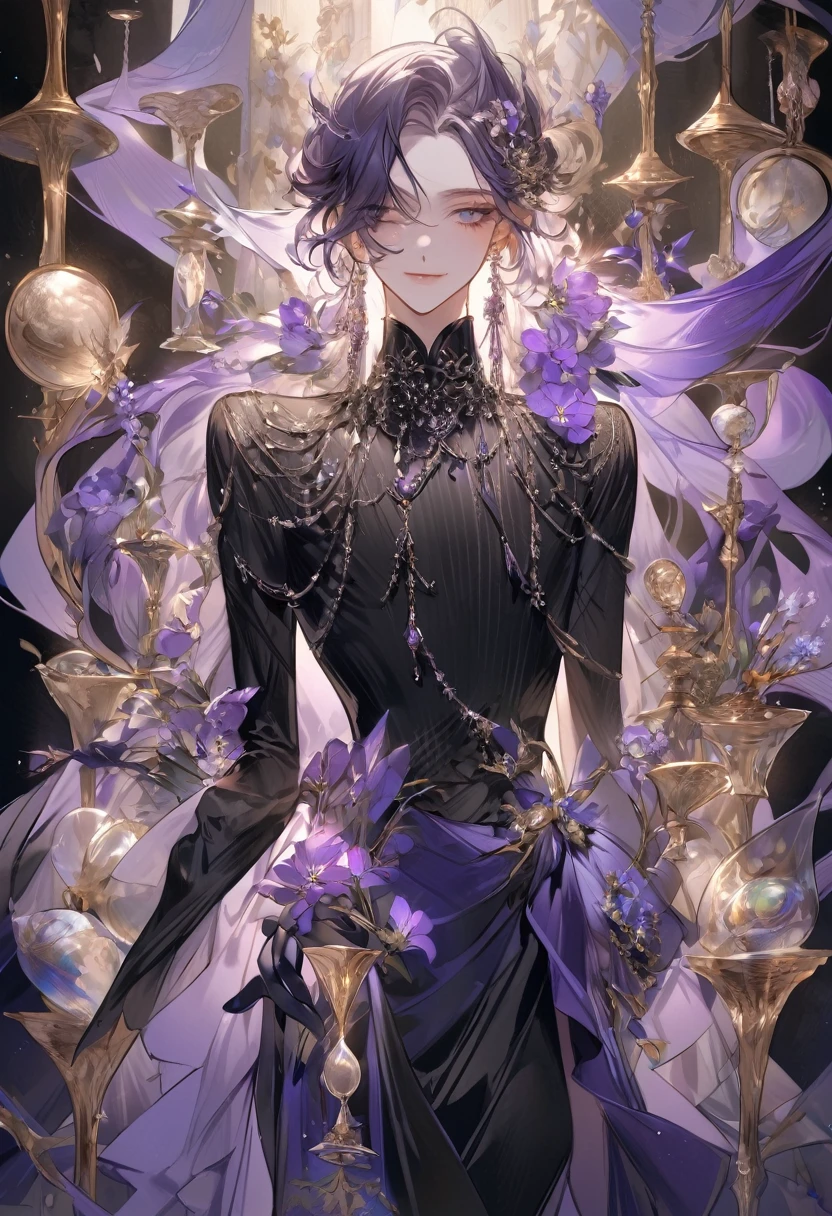 Feminine boy, soft womanish facial features, smile, squinted siren dark blue eyes without glare, silver and dark purple long loose hair with straight bang, fantasy black clothes with blue and purple elements, long black gloves, model, gorgeous, elegant, lots of silver jewelry, flowers in his hair, skinny body, hourglass figure, light lipstick