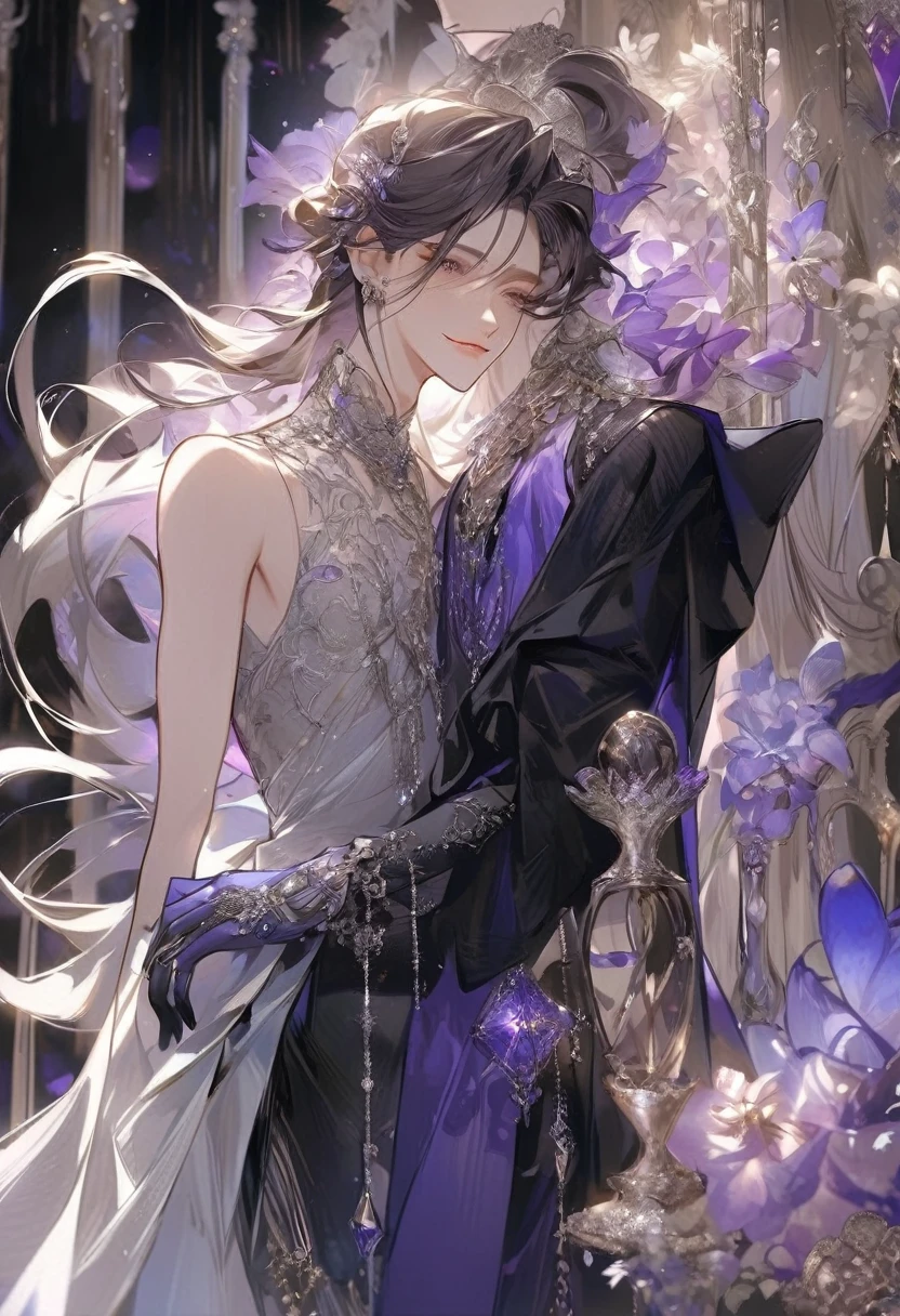 Feminine boy, soft womanish facial features, smile, squinted siren dark blue eyes without glare, silver and dark purple long loose hair with straight bang, fantasy black clothes with blue and purple elements, long black gloves, model, gorgeous, elegant, lots of silver jewelry, flowers in his hair, skinny body, hourglass figure, light lipstick