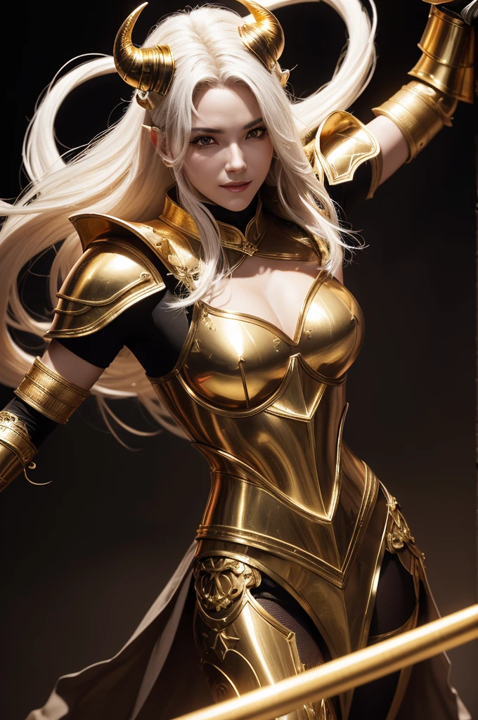 create a character from the knights of the zodiac, Aries, strong and sensual personality, penetrating eyes, ironic smile, in a fighting pose, showing the entire body, gold armor outfit with white details, long hair and Aries horn, dramatic background, noir art. 8k, ultrarealismo, perfect imagen