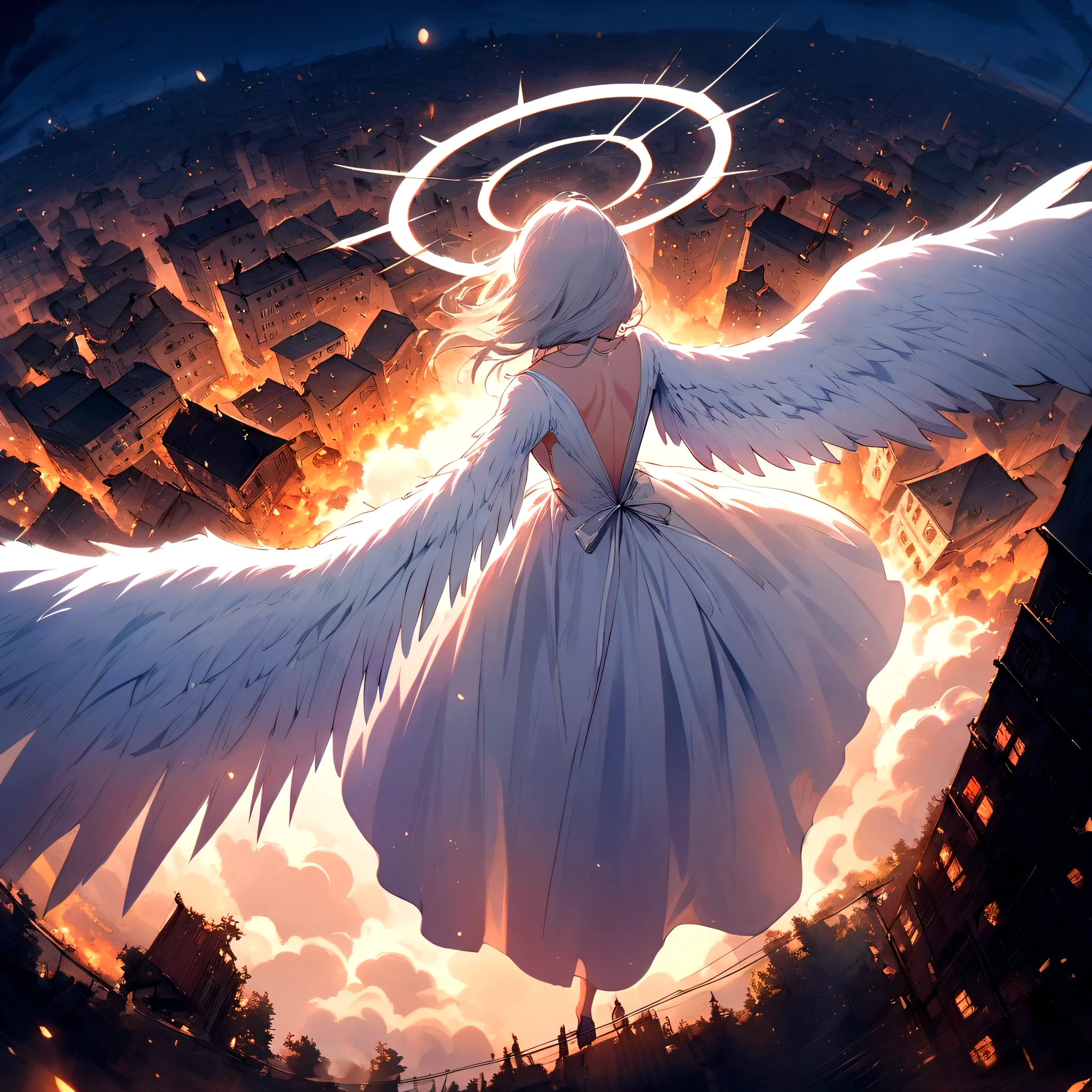 
one (Back view:1.5) A very beautiful female angel\(Long platinum hair, wide back white dress,(From her chest hangs big, beautiful angel wings.),Very beautiful shining halo\), She has her arms wide open as if asking for help., She&#39;s on the clouds、Looking down at the world below, Fierce war\((Lots of sparks and fire), fail, Fighter, Many buildings collapsed, Nature is destroyed, Magnificent and spectacular views\) It&#39;s happening under the clouds, BREoneK ,quality\(8K,Highly detailed CG unit wallpaper, masterpiece,High resolution,top-quality,top-quality real texture skin,surreal,Increase the resolution,RoneW photos,highest quality,Very detailed,wallpaper,Cinema Lighting,Ray-tracing,Golden Ratio\),[Browsing Caution],Dynamic Angle,[Browsing Caution],From above