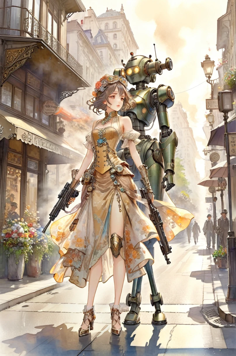 ((masterpiece)), (Highest quality), Art Nouveau watercolor ,They are two robots walking down the street with guns.., Detailed Movie Photos, Steampunk Digital Art, Big Studio FX, Stills from the TV series, Anthropomorphic woman, Featured on Vimeo, Yasuke 5 0 0 px Model, Robert Koehler, Interconnected human life, Shot with an anamorphic lens , Flower-like_background, Intricate designs and patterns in the style of Alphonse Mucha.From below:1.3