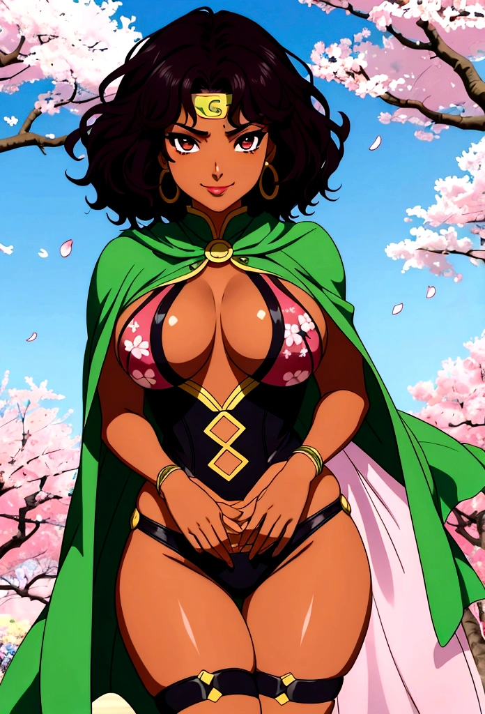 Circular shades, dark skin, afro-Caribbean, short wavy hair, light arburn eyes, dark lip stick, dark lip gloss, athletic, cleavage, smirking, wide eyes, green cape, cherry blossom print kunoichi armor, thick thighs voluptuous square physique, hands behind back, standing, facing viewer, tone, mischievous smile, celshaded,anime screencap 